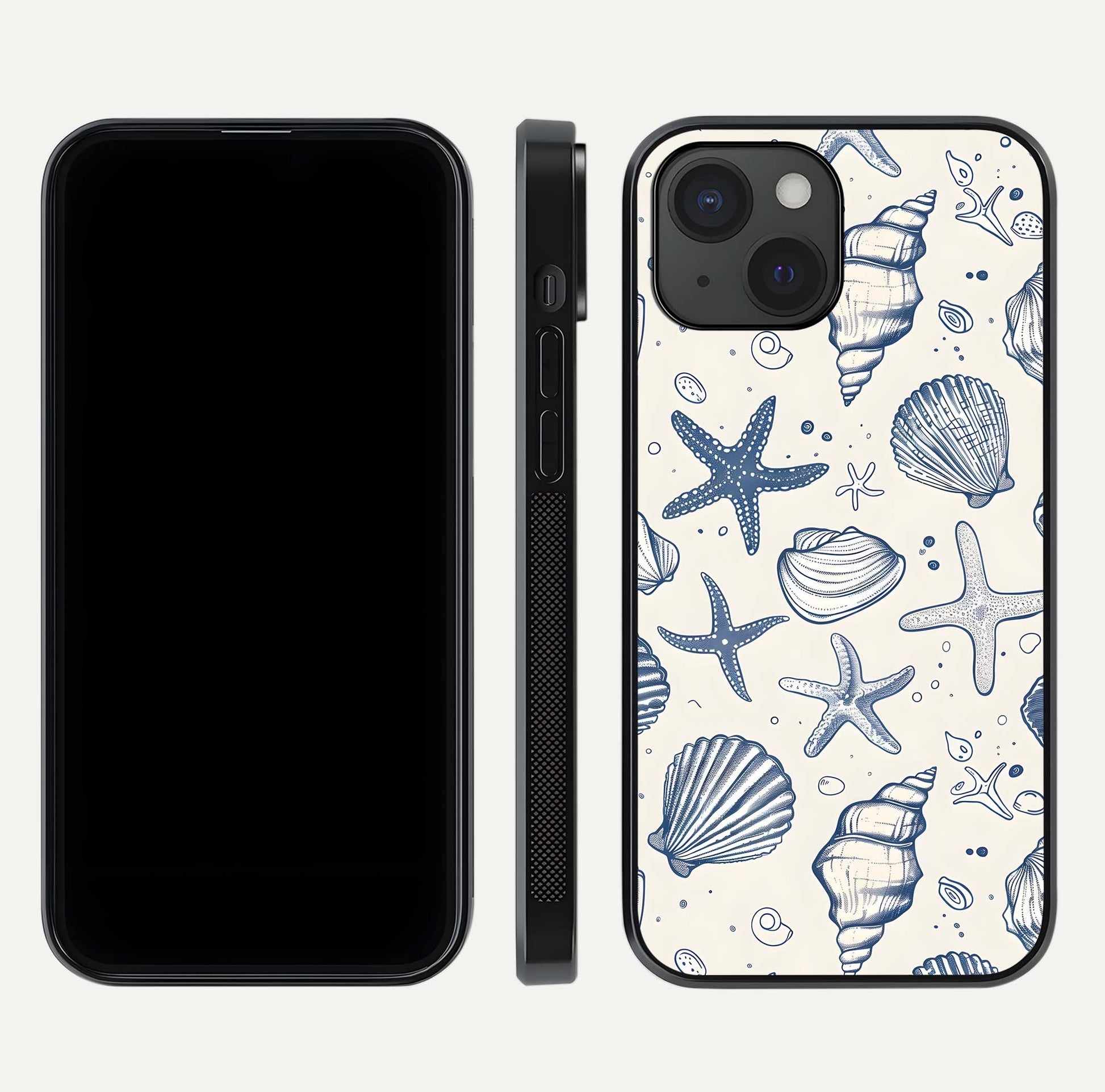Blue Ocean Outline Glass Case for iPhone 15 front-and-back layout showing minimal wave design and HD gloss