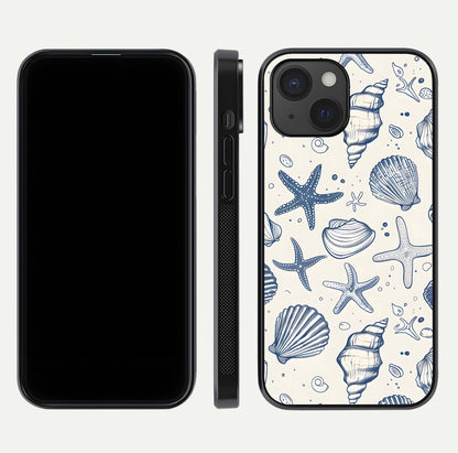 Blue Ocean Outline Glass Case for iPhone 15 front-and-back layout showing minimal wave design and HD gloss