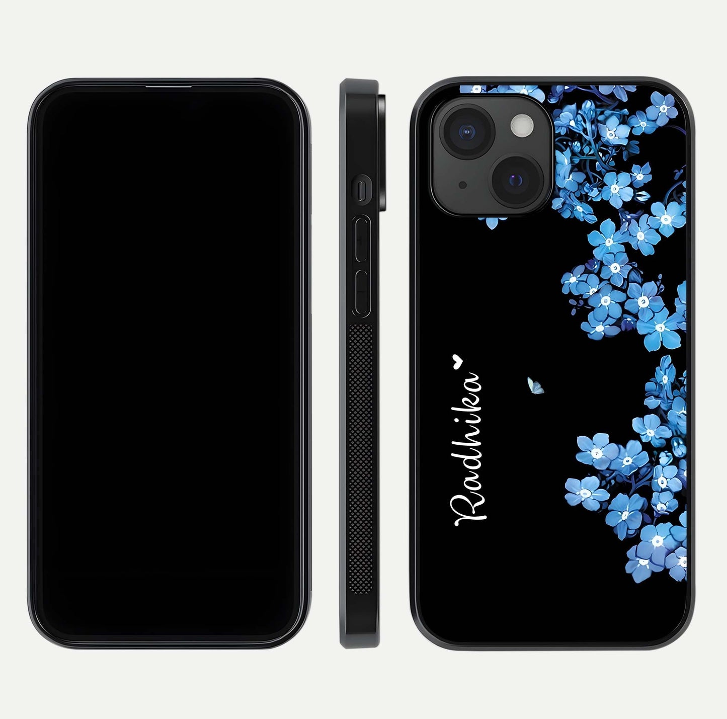 Blue Petal Dream Custom Name Glass Case for iPhone 15 dual-view layout showing text placement and premium finish