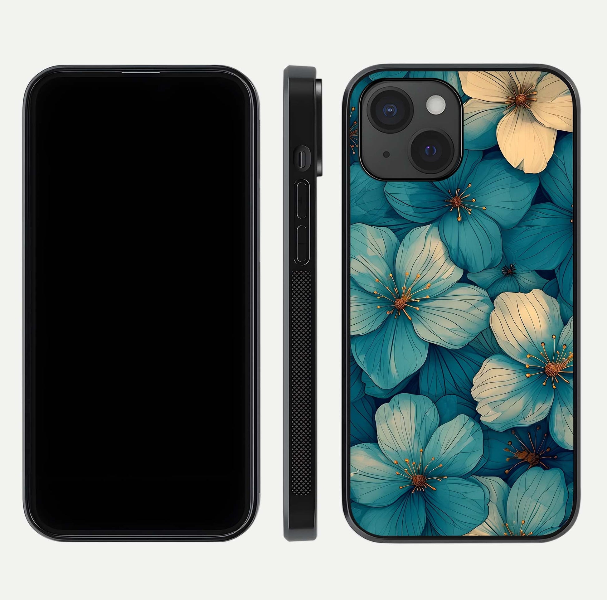 Blue Shade Floral Glass Case for iPhone 15 front-and-back layout displaying bloom contrast and edge polish