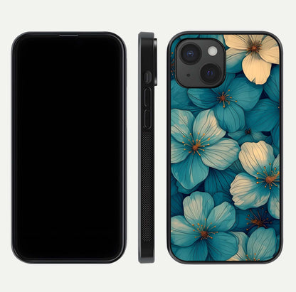 Blue Shade Floral Glass Case for iPhone 15 front-and-back layout displaying bloom contrast and edge polish