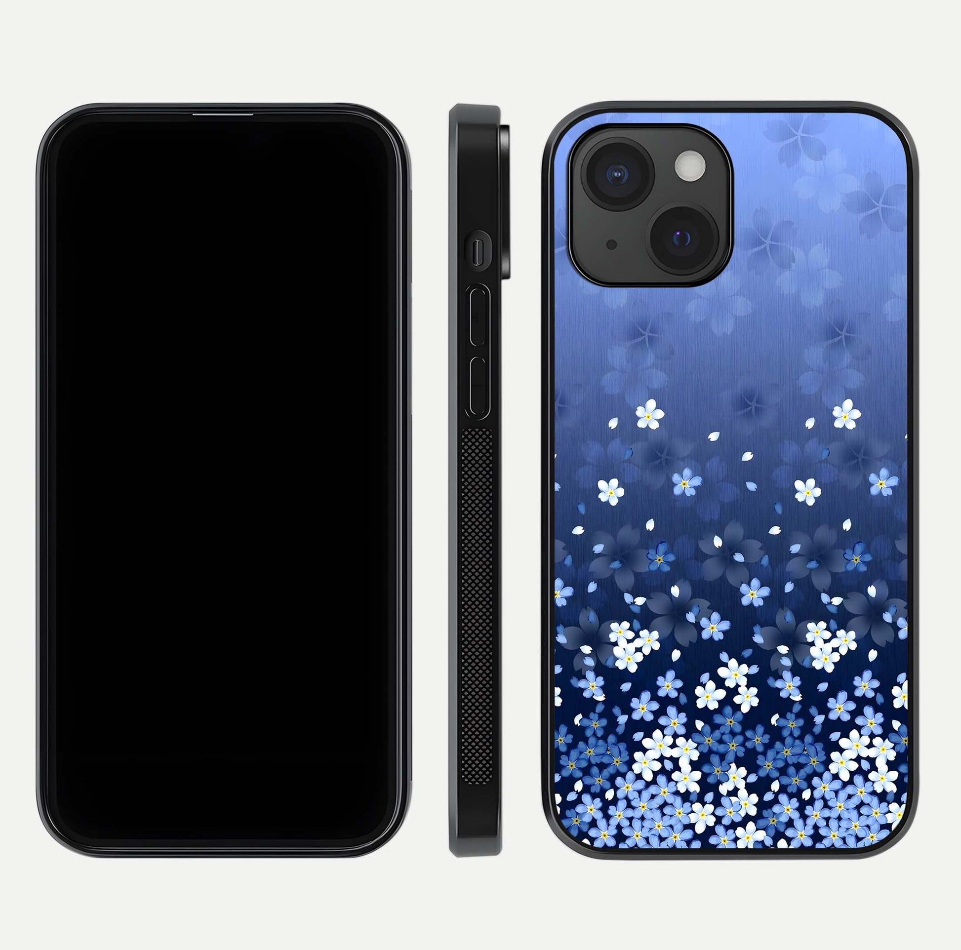 Blue Starry Glass Case for iPhone 15 dual-view layout showing star spread and smooth edge shine