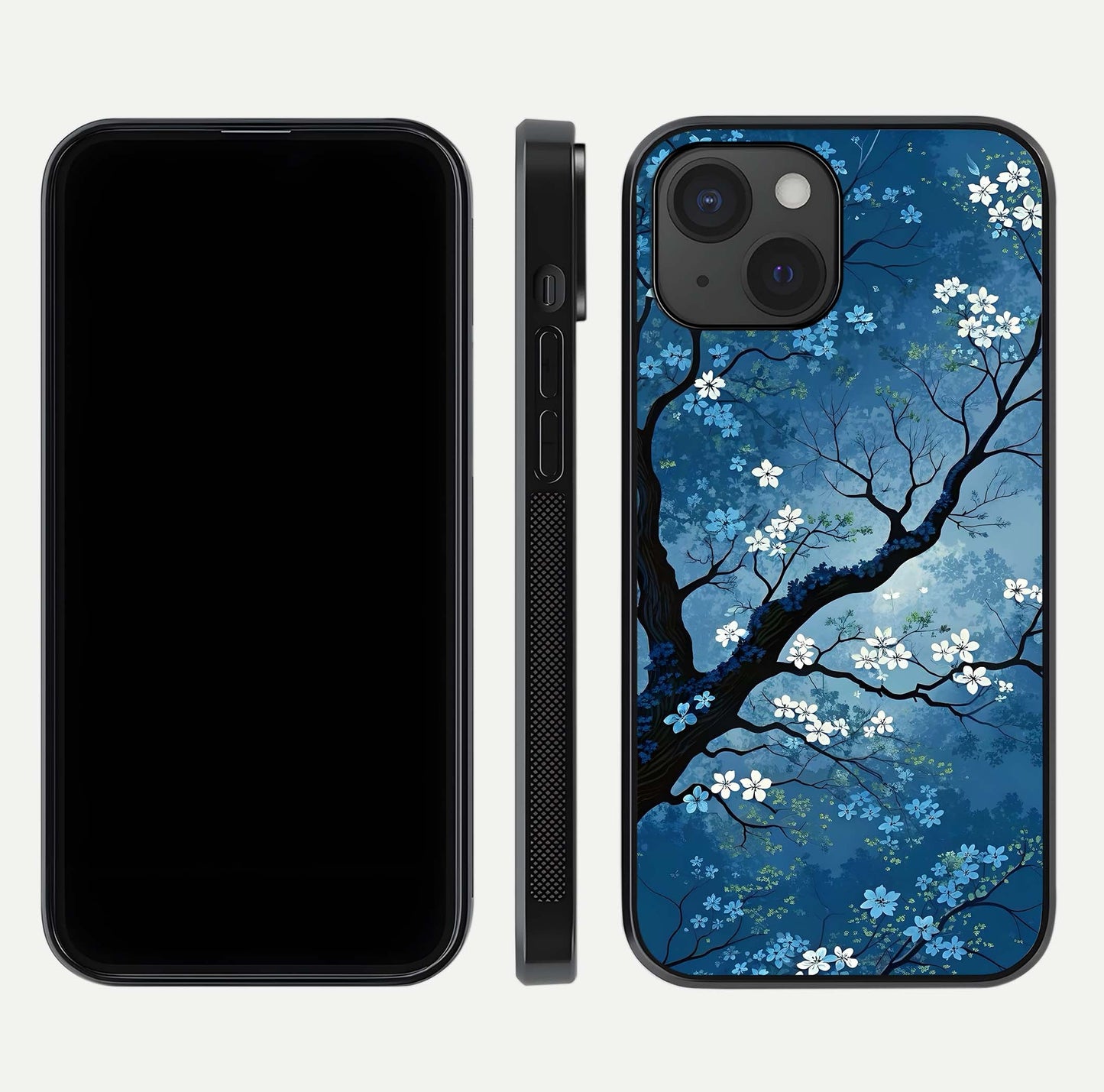 Blue Tree Serenity Glass Case for iPhone 15 front-and-back layout showing gradient background and smooth edges
