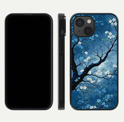 Blue Tree Serenity Glass Case for iPhone 15 front-and-back layout showing gradient background and smooth edges
