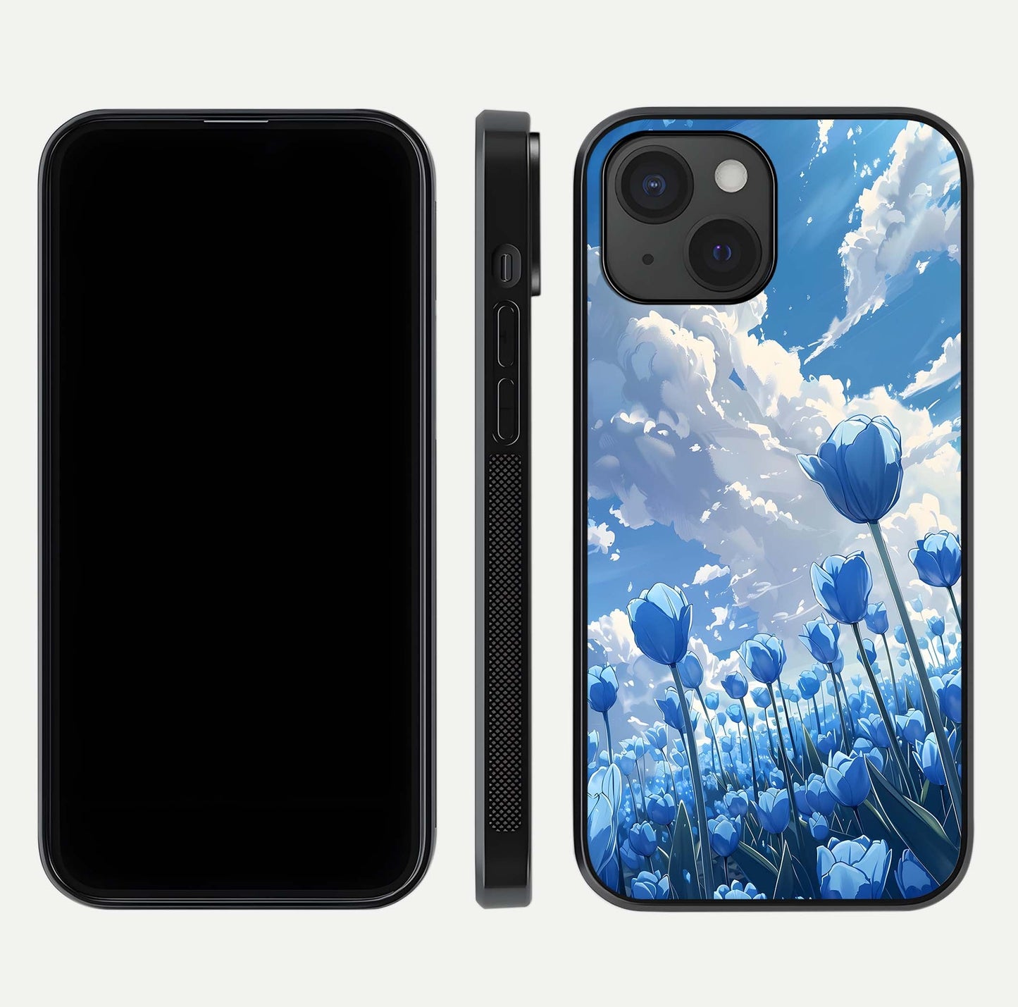 Blue Tulip Clouds Glass Case for iPhone 15 front-and-back layout showcasing floral detail and polished edges