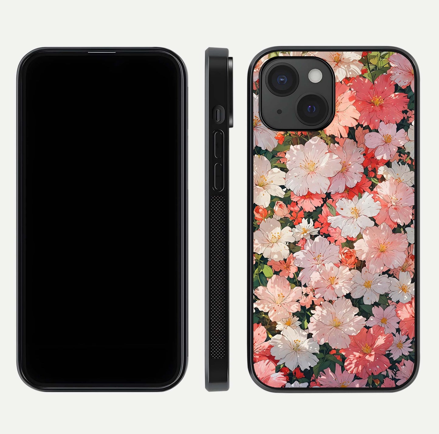 Blush Bloom Field Glass Case for iPhone 15 dual-view layout showing bloom arrangement and protective frame