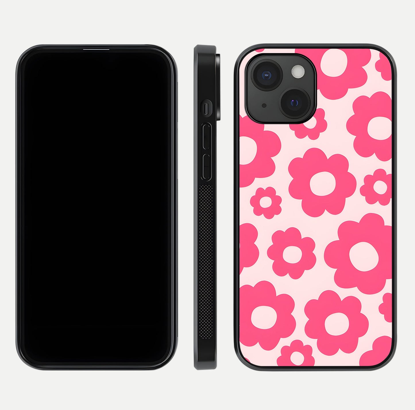 Blush Flower Pop iPhone 15  glass phone case front and side layout view showing slim profile and full floral coverage