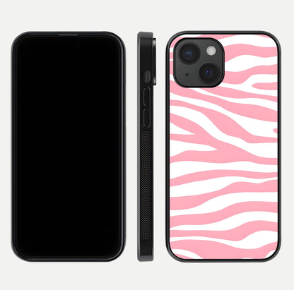 Blush Zebra Flow iPhone 15  glass phone case front and side layout view showing slim build and flowing pattern coverage