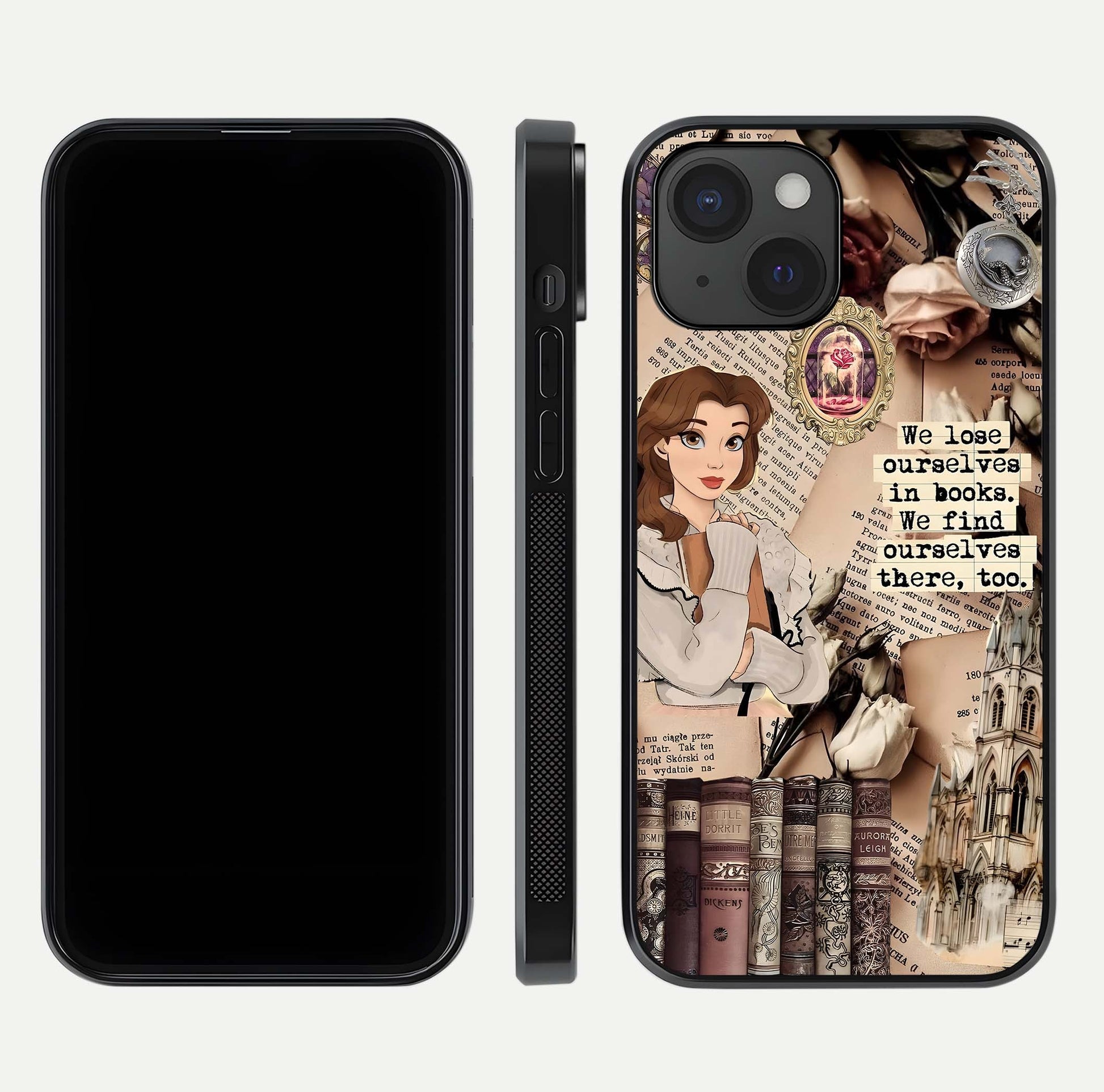 Bookish Dream World Glass Case for iPhone 15 dual-view layout displaying colorful fantasy print and edge finish