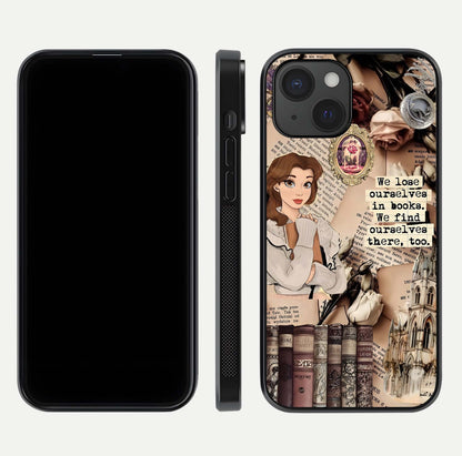 Bookish Dream World Glass Case for iPhone 15 dual-view layout displaying colorful fantasy print and edge finish