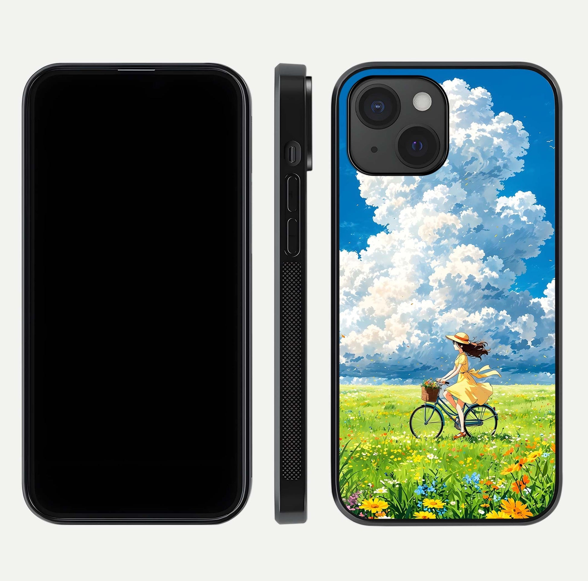 Breezy Meadow Ride Glass Case for iPhone 15 dual-view layout showing soft landscape design and reflection gloss