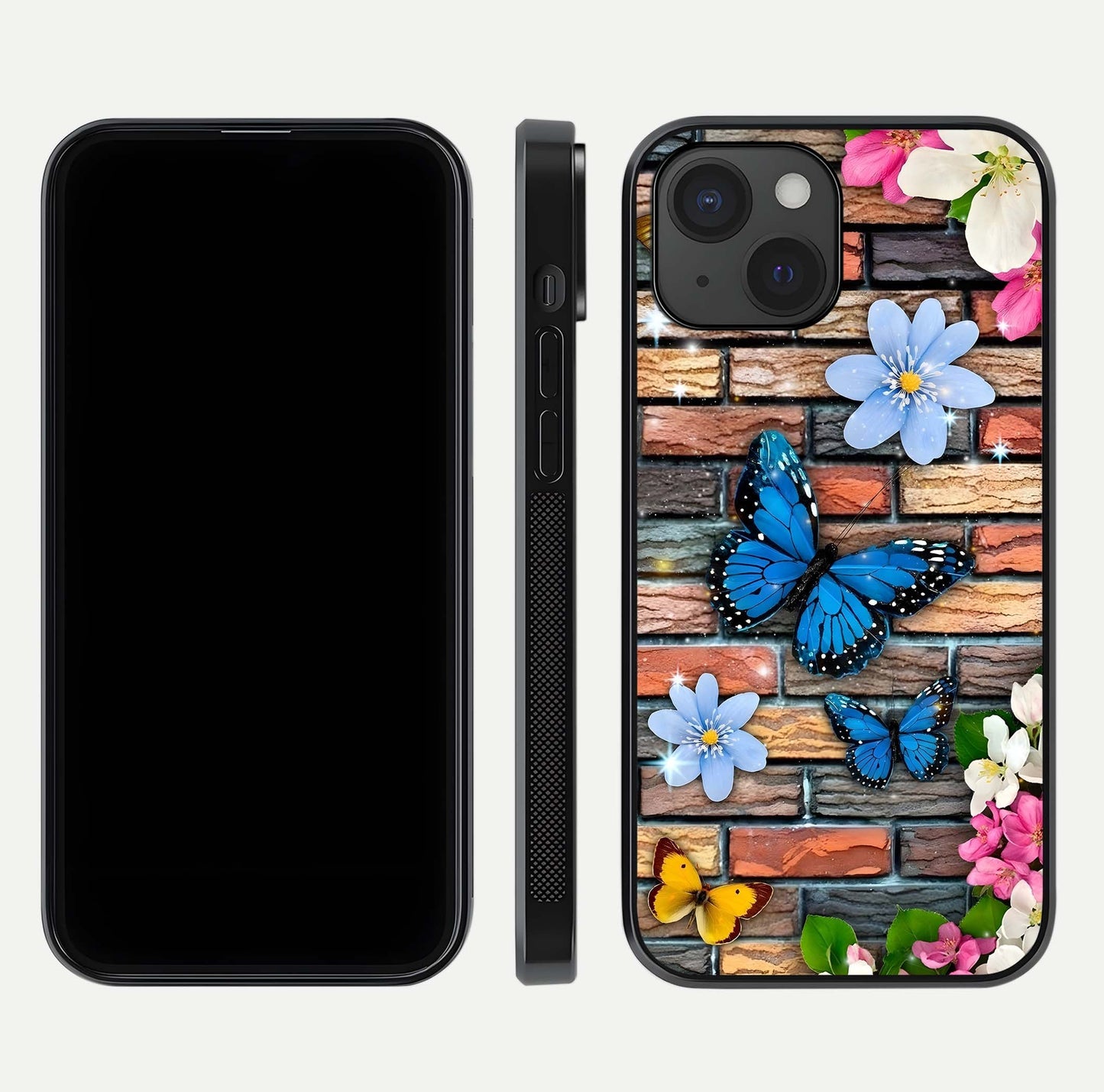 Brick Bloom Flight Glass Case for iPhone 15 dual-view layout showing bloom placement and protective edge design