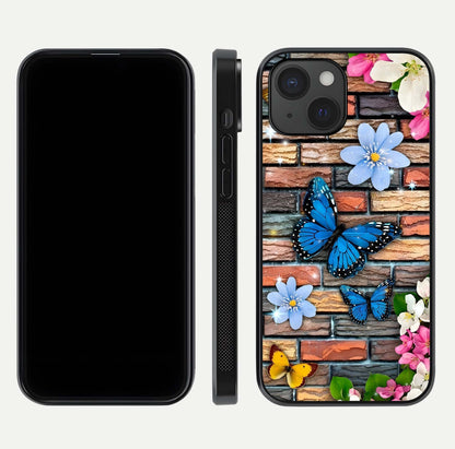 Brick Bloom Flight Glass Case for iPhone 15 dual-view layout showing bloom placement and protective edge design