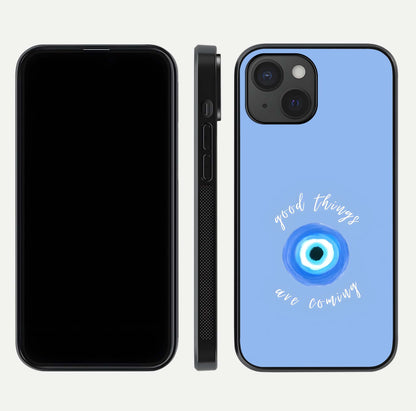 Bright Future Ahead Glass Case for iPhone 15 front-and-back layout showing clean font style and gloss shine