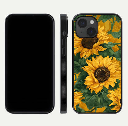 Bright Sunflower Bloom Glass Case for iPhone 15 dual-view layout displaying floral glow and curved glass edge