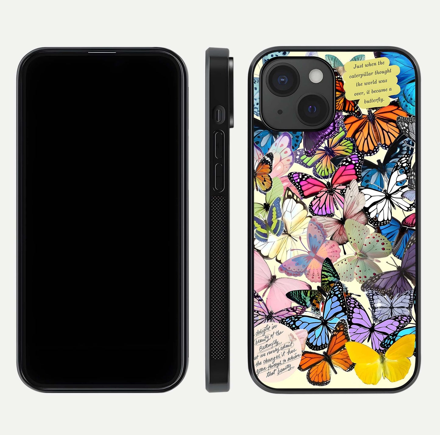 Butterflies Petal Dream Glass Case for iPhone 15 front-and-back layout showcasing floral spread and reflection shine