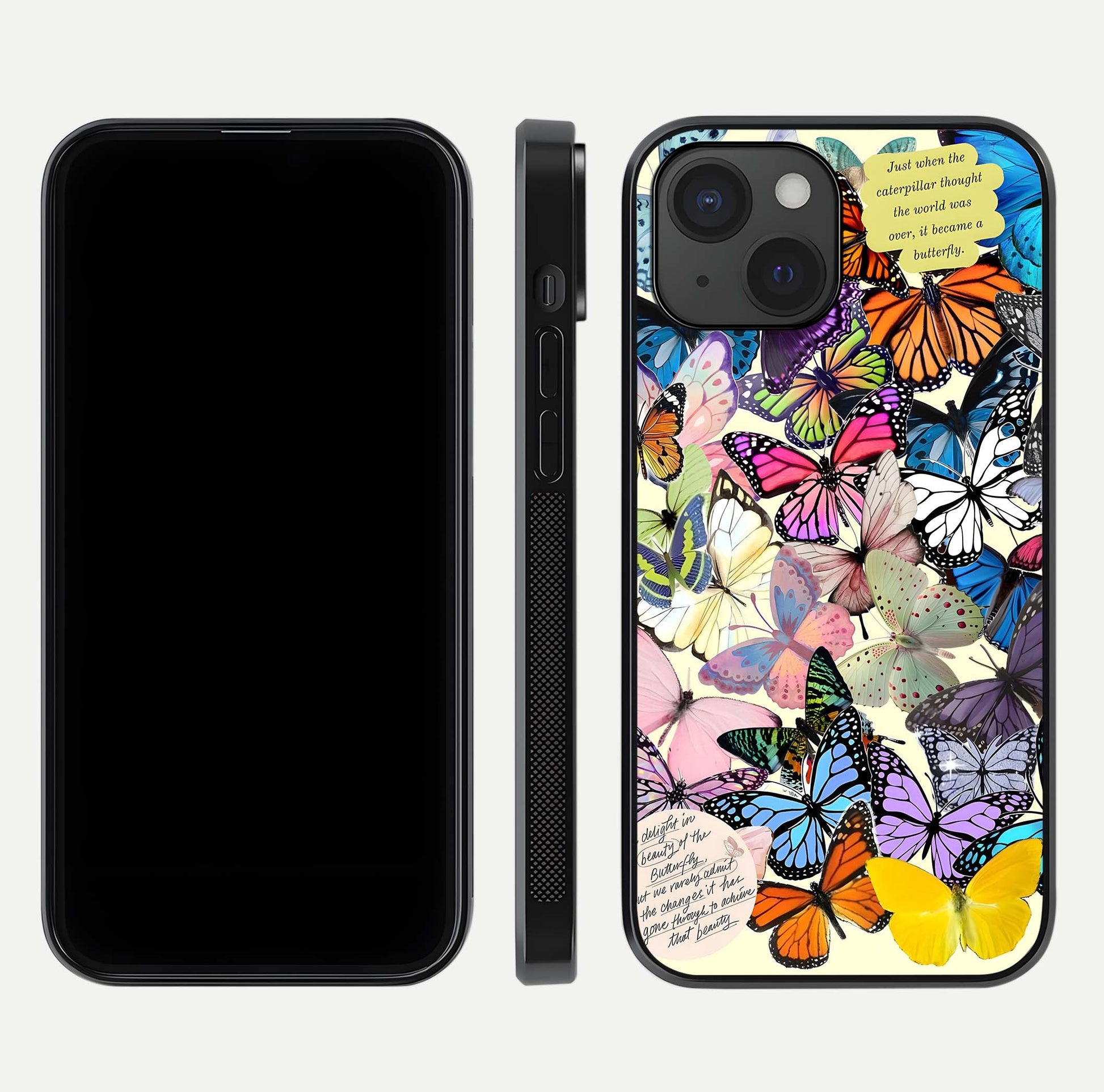 Butterflies Petal Dream Glass Case for iPhone 15 front-and-back layout showcasing floral spread and reflection shine