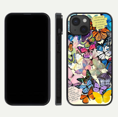 Butterflies Petal Dream Glass Case for iPhone 15 front-and-back layout showcasing floral spread and reflection shine