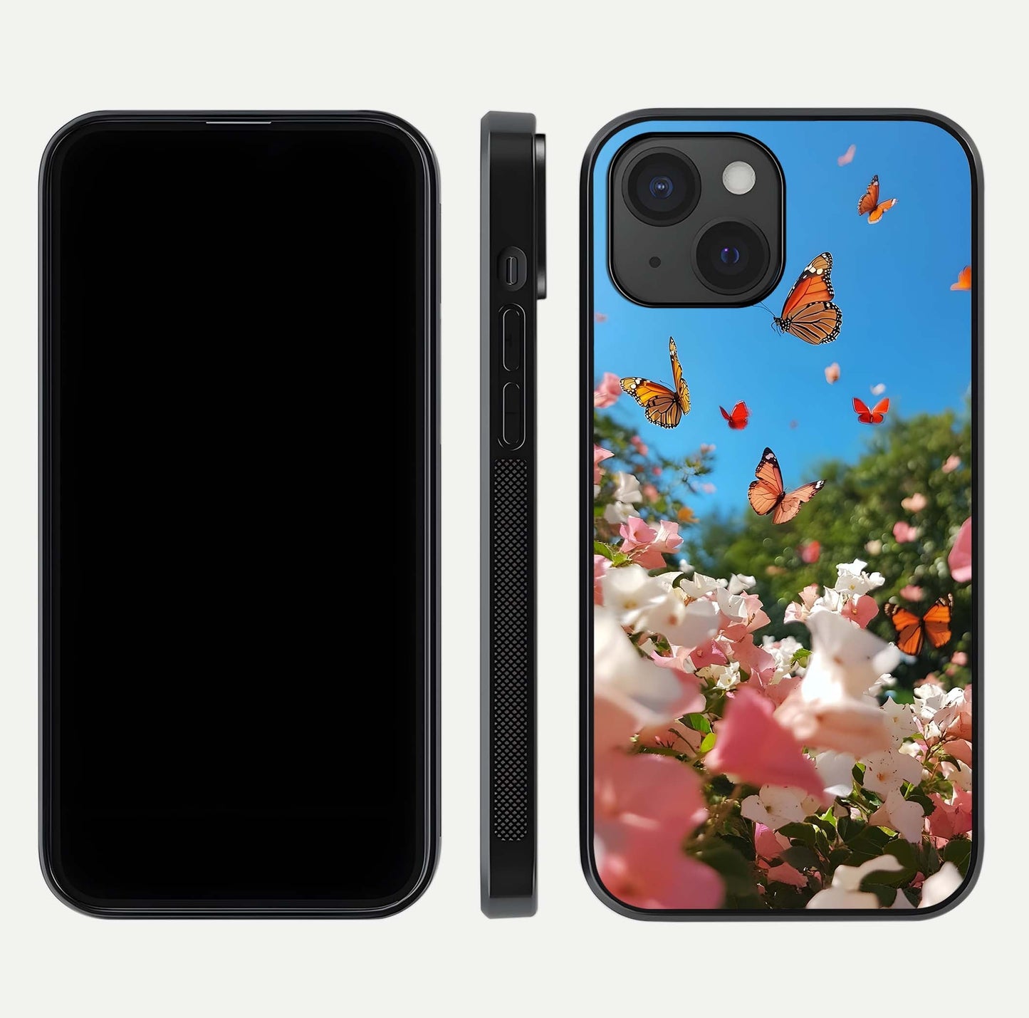 Butterflies in Bloom Sky Glass Case for iPhone 15 dual-view layout displaying elegant composition and glass gloss