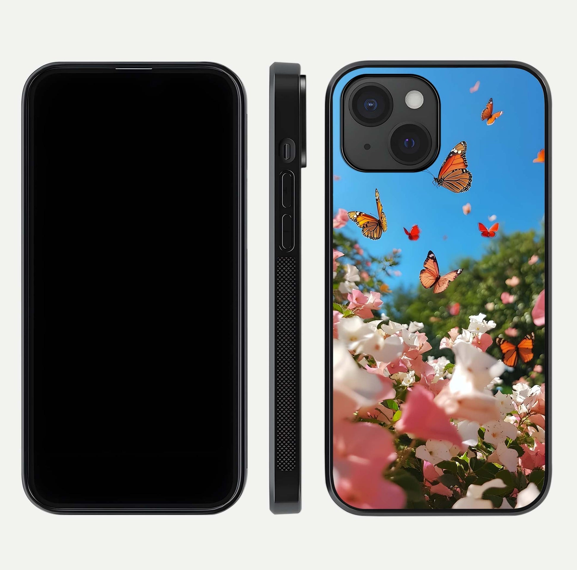 Butterflies in Bloom Sky Glass Case for iPhone 15 dual-view layout displaying elegant composition and glass gloss