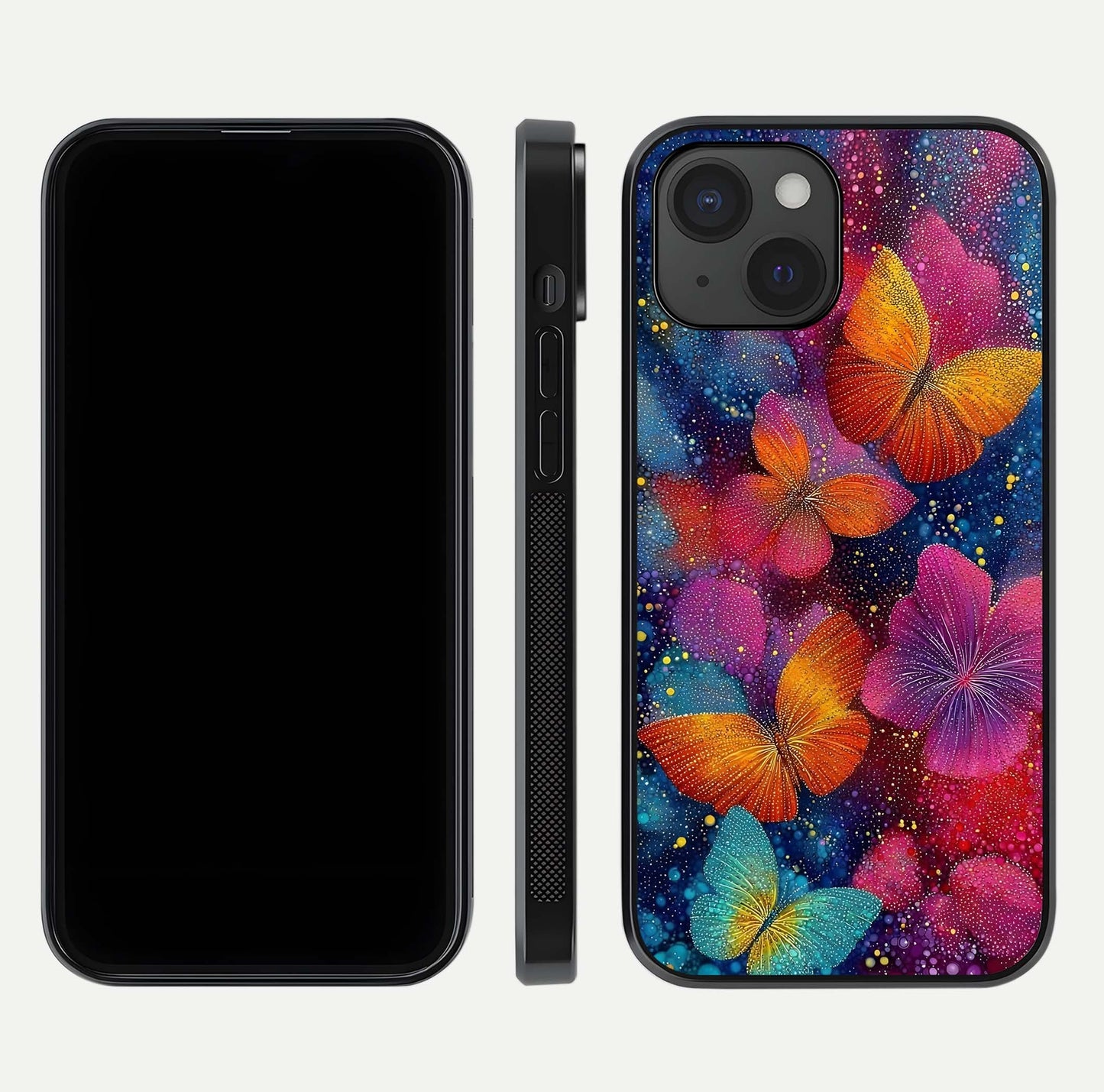 Butterfly Dream Mist Glass Case for iPhone 15 dual-view layout showing mist background and edge polish