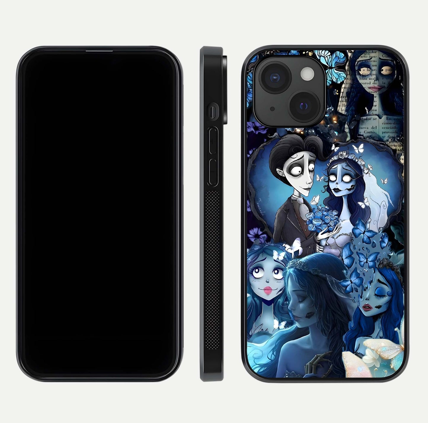 Butterfly Ghost Soul Glass Case for iPhone 15 front-and-back layout highlighting dark art balance and HD shine