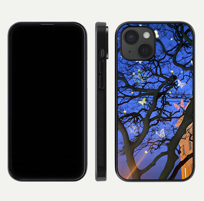 Butterfly Night Magic Glass Case for iPhone 15 dual-view layout displaying balanced art and edge clarity