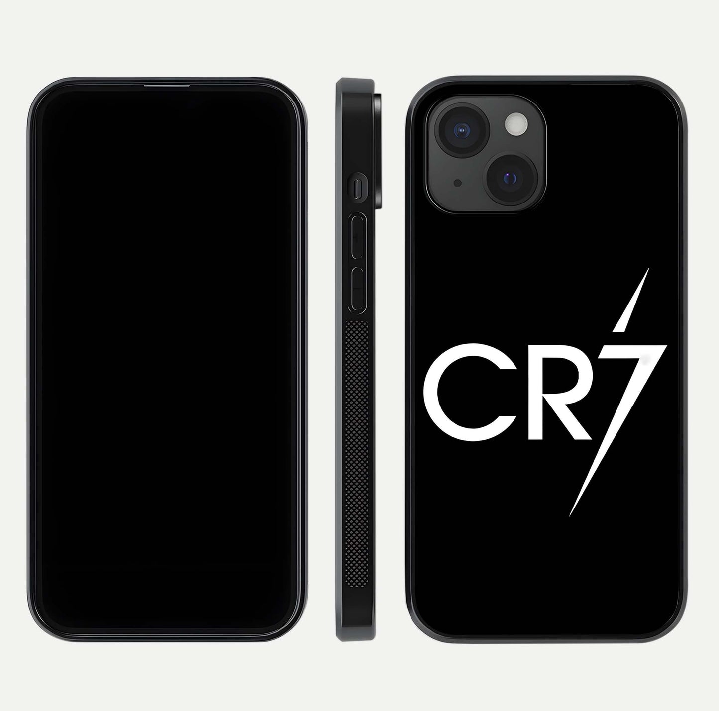 CR7 Elite Strike Glass Case for iPhone 15 dual-view layout showing sport tones and edge clarity