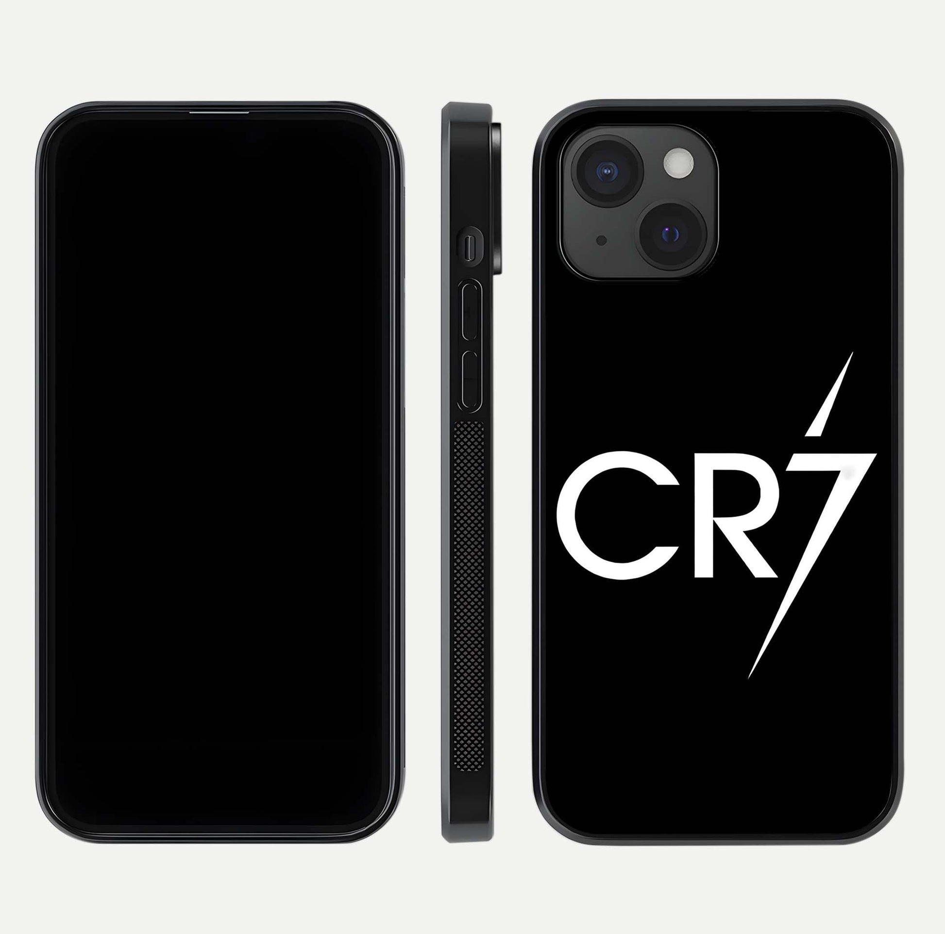 CR7 Elite Strike Glass Case for iPhone 15 dual-view layout showing sport tones and edge clarity