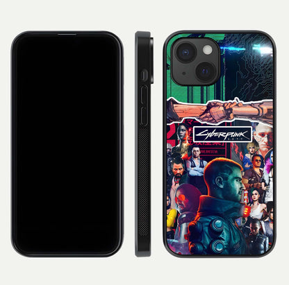 CYBERPUNK Legacy Glass Case for iPhone 15 dual-view layout showing cyberpunk hues and glass precision