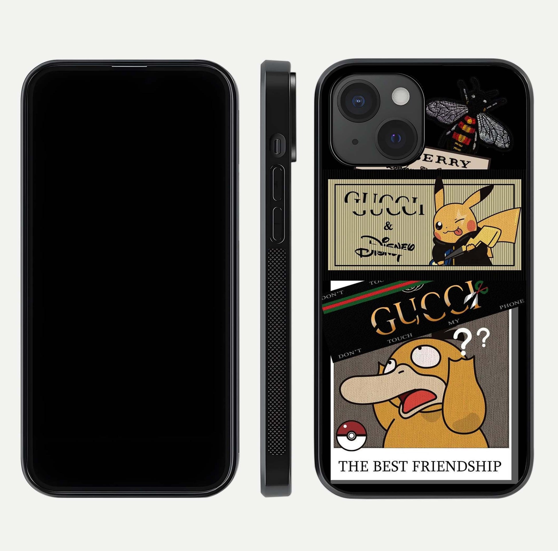 Cartoon Brand Play Mashup Glass Case for iPhone 15 front and back view layout highlighting multi-logo artwork and curved edges