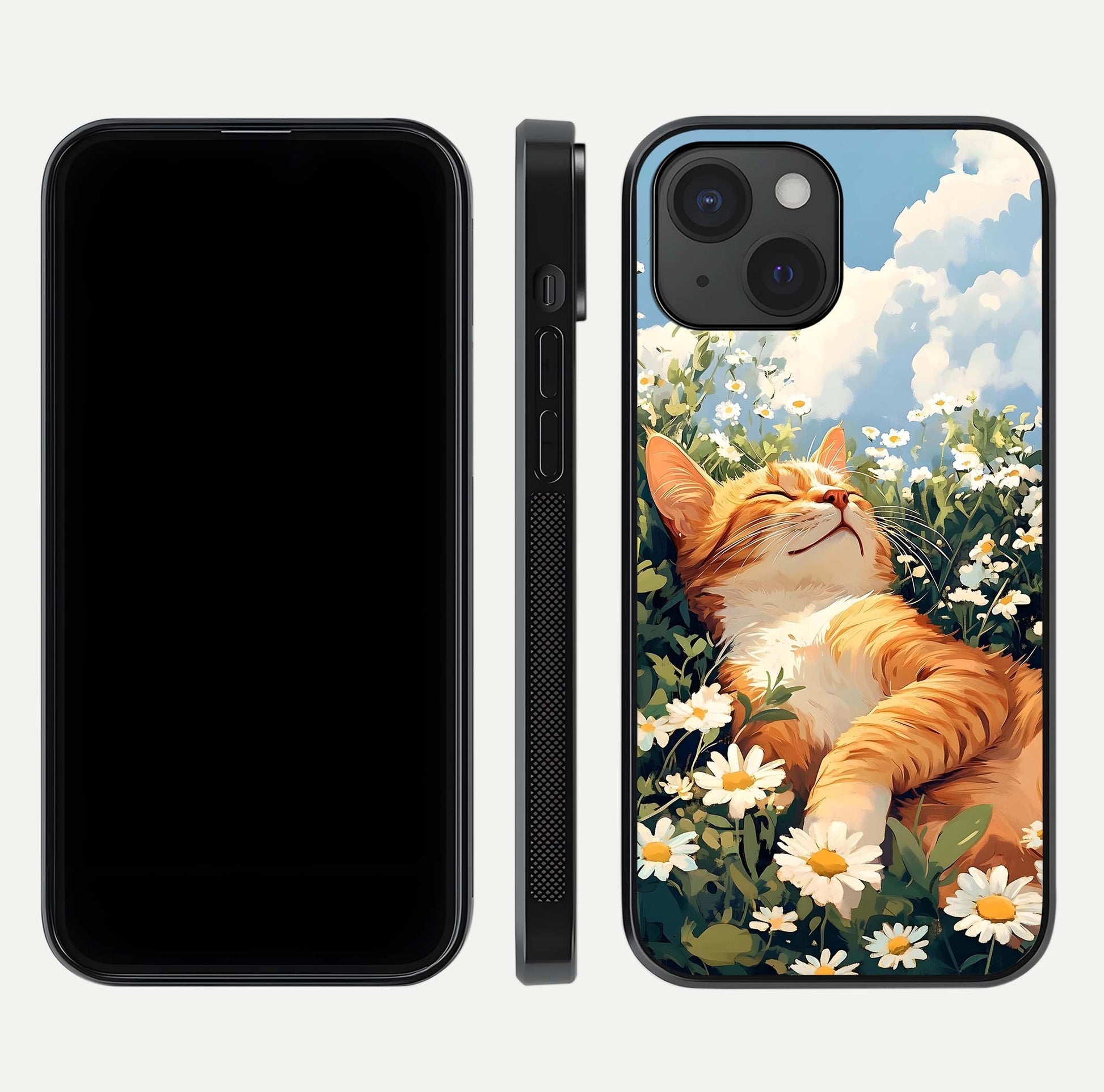 Cat & Flowers View Glass Case for iPhone 15 front-and-back layout showing floral balance and gloss surface