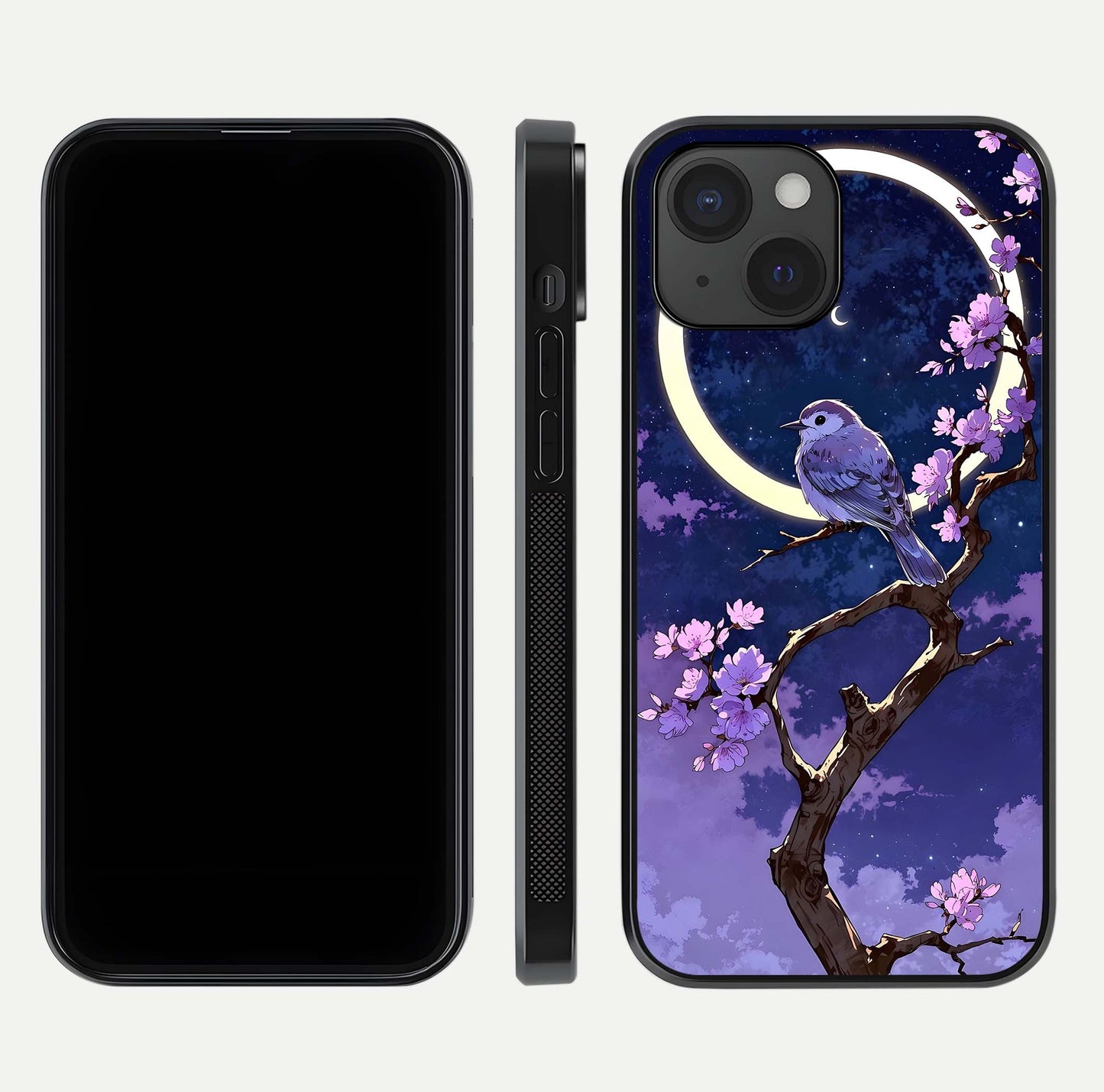 Celestial Bird Blossom Glass Case for iPhone 15 dual-view layout showing art composition and edge clarity