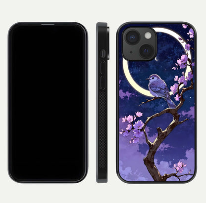 Celestial Bird Blossom Glass Case for iPhone 15 dual-view layout showing art composition and edge clarity
