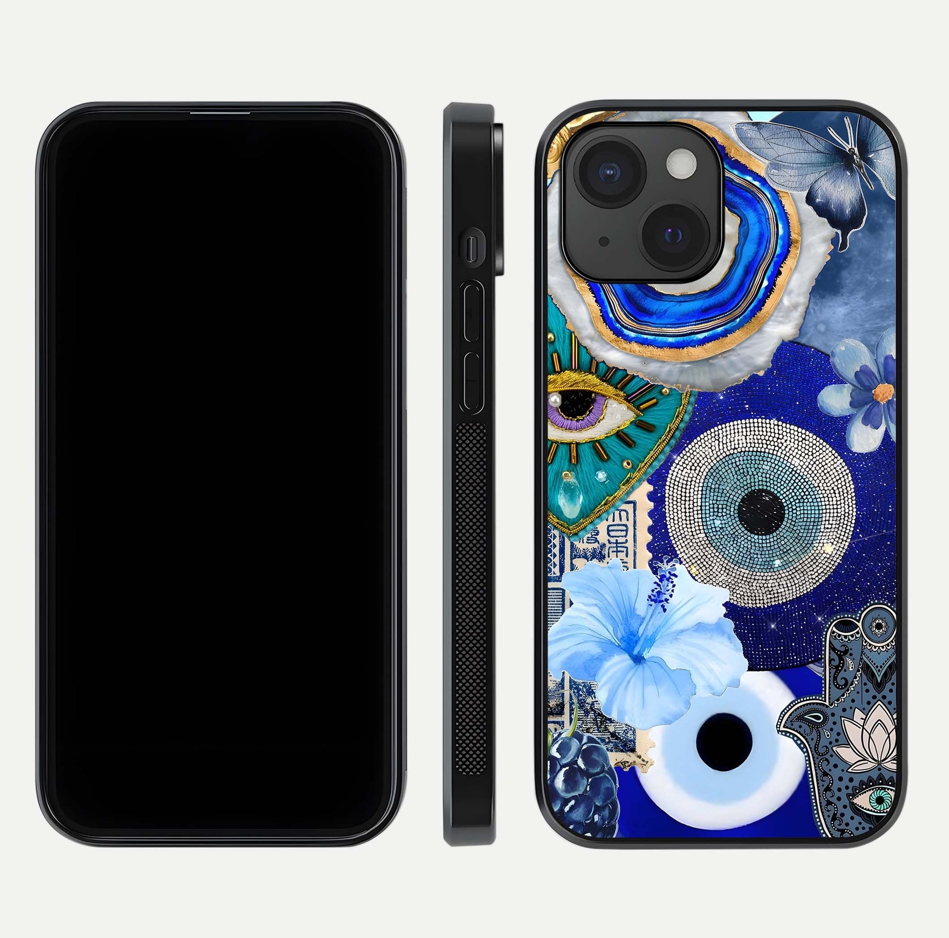 Celestial Blue Vision Glass Case for iPhone 15 dual-view layout showing celestial gradient and curved edges