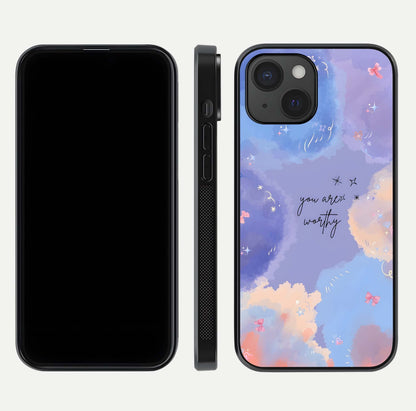 Celestial Cloud Magic Glass Case for iPhone 15 dual-view layout showcasing soft color transition and gloss shine