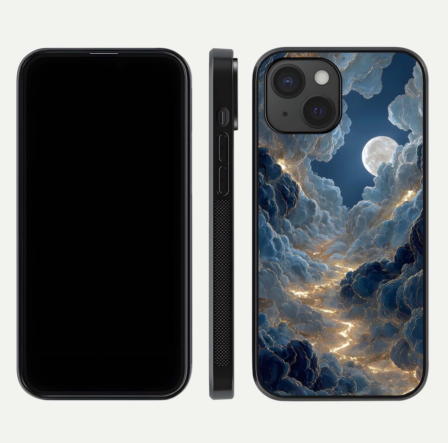 Celestial Cloud Road Glass Case for iPhone 15 front-and-back layout displaying balance between light and depth