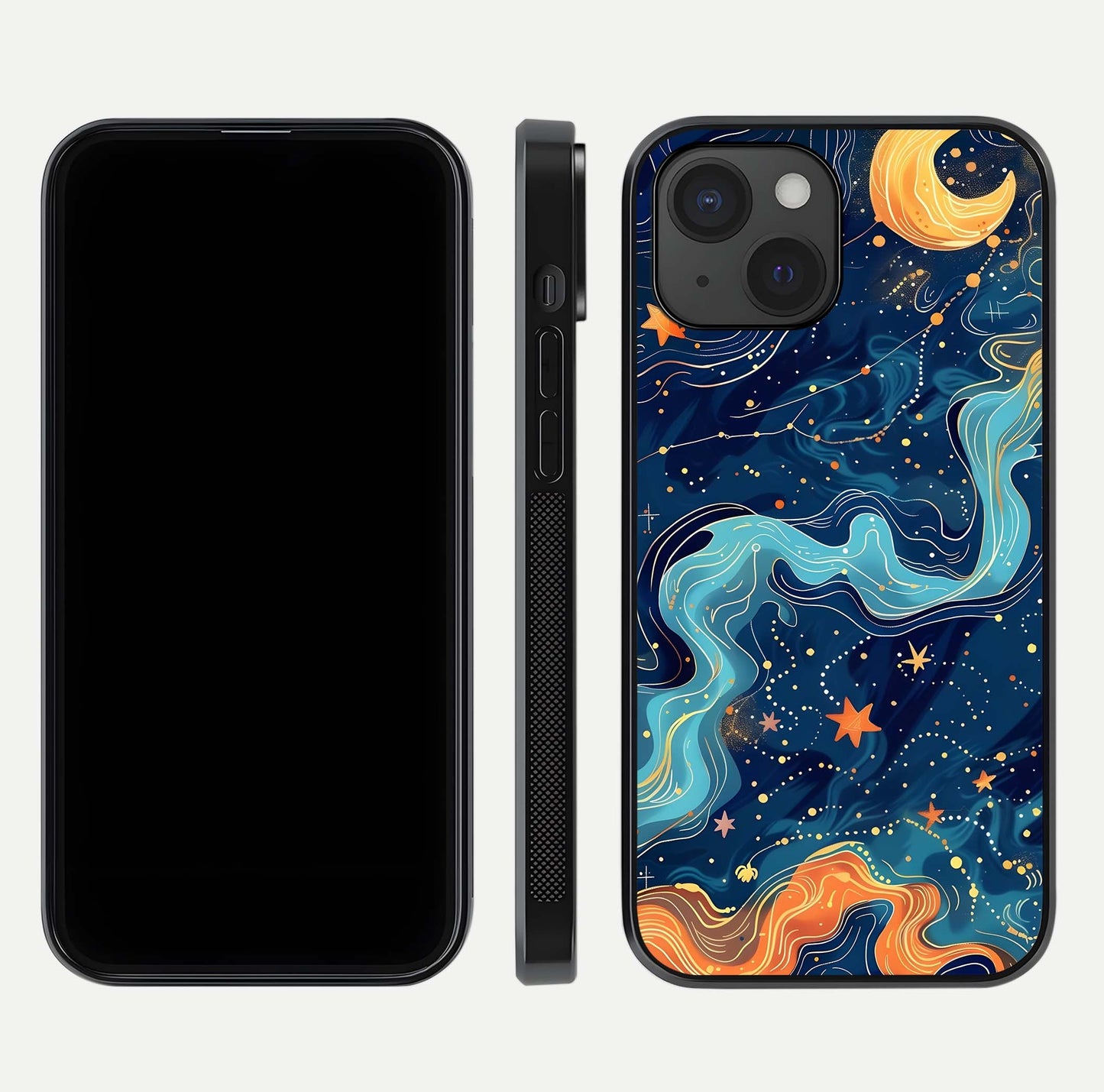 Celestial Dream Flow Glass Case for iPhone 15 dual-view layout showing abstract flow and curved glass