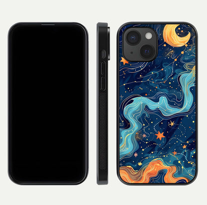 Celestial Dream Flow Glass Case for iPhone 15 dual-view layout showing abstract flow and curved glass
