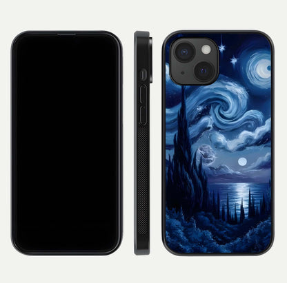 Celestial Dream Van Gogh Glass Case for iPhone 15 dual-view layout displaying art texture and glass polish