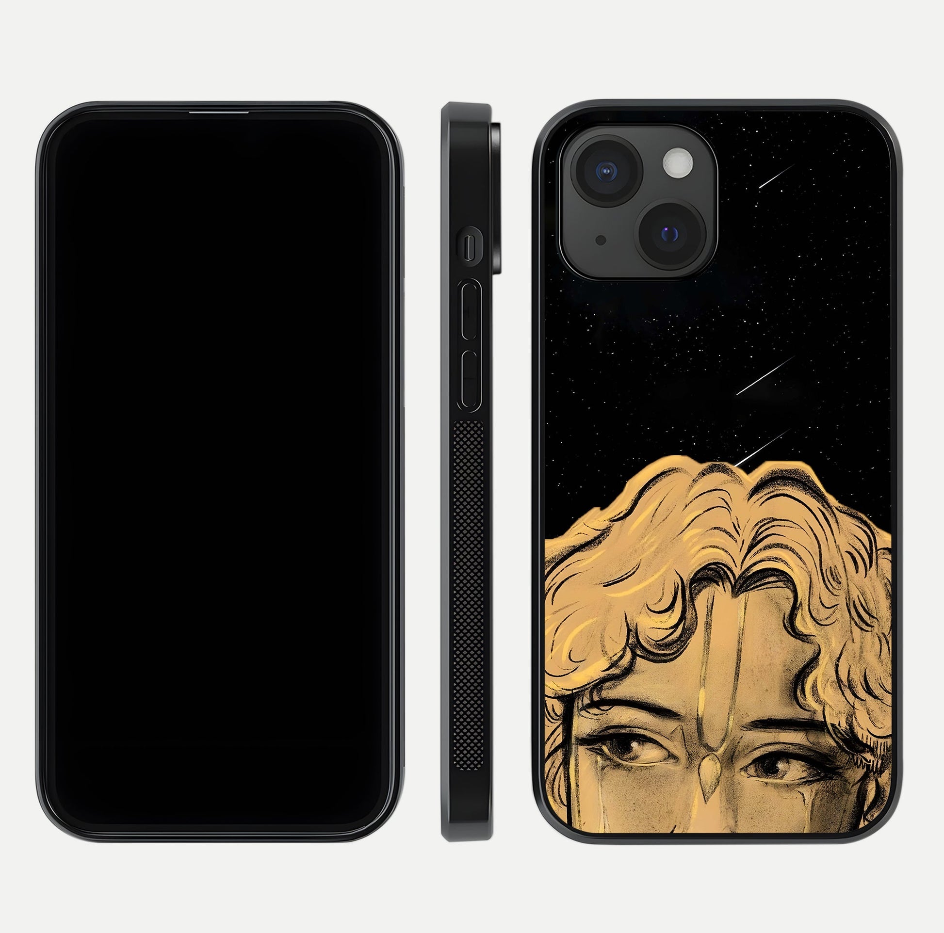 Celestial God’s Plan Glass Case for iPhone 15 front & back layout showing smooth finish and spiritual art