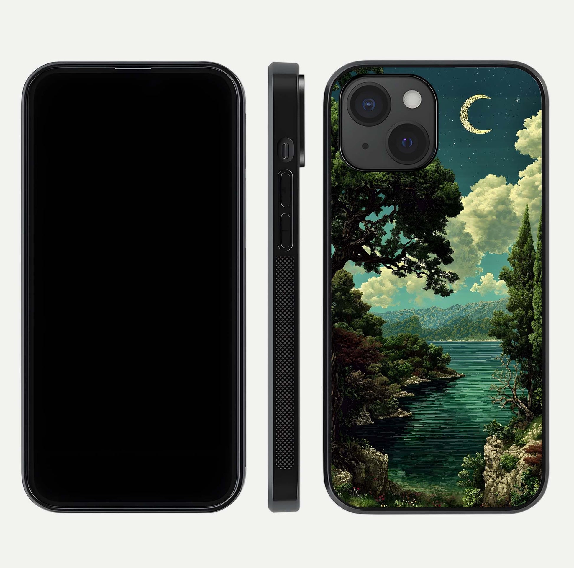 Celestial Lake Peace Glass Case for iPhone 15 dual-view layout showing soft hues and HD shine