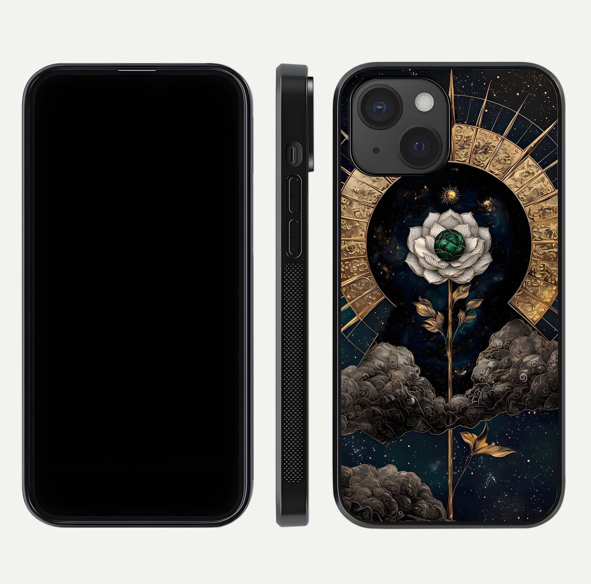 Celestial Lotus Morang Glass Case for iPhone 15 dual-view layout displaying floral symmetry and polished edges