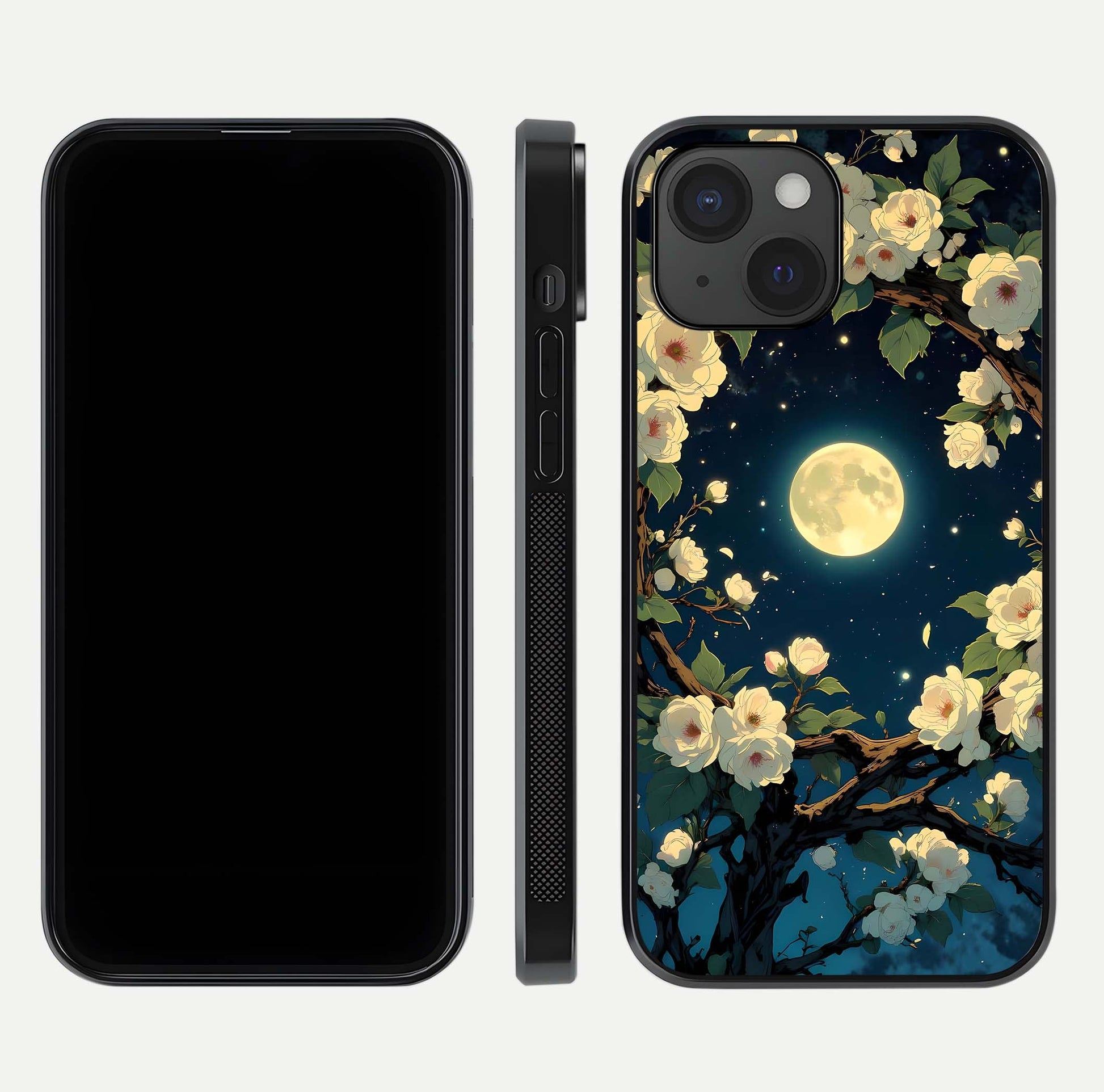 Celestial Moon & Flower Glass Case for iPhone 15 dual-view layout showing balanced lunar art and gloss tone