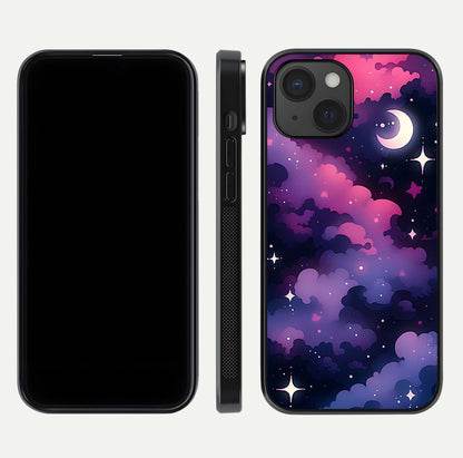 Celestial Moon Magic Glass Case for iPhone 15 dual-view layout displaying lunar design and sleek edges