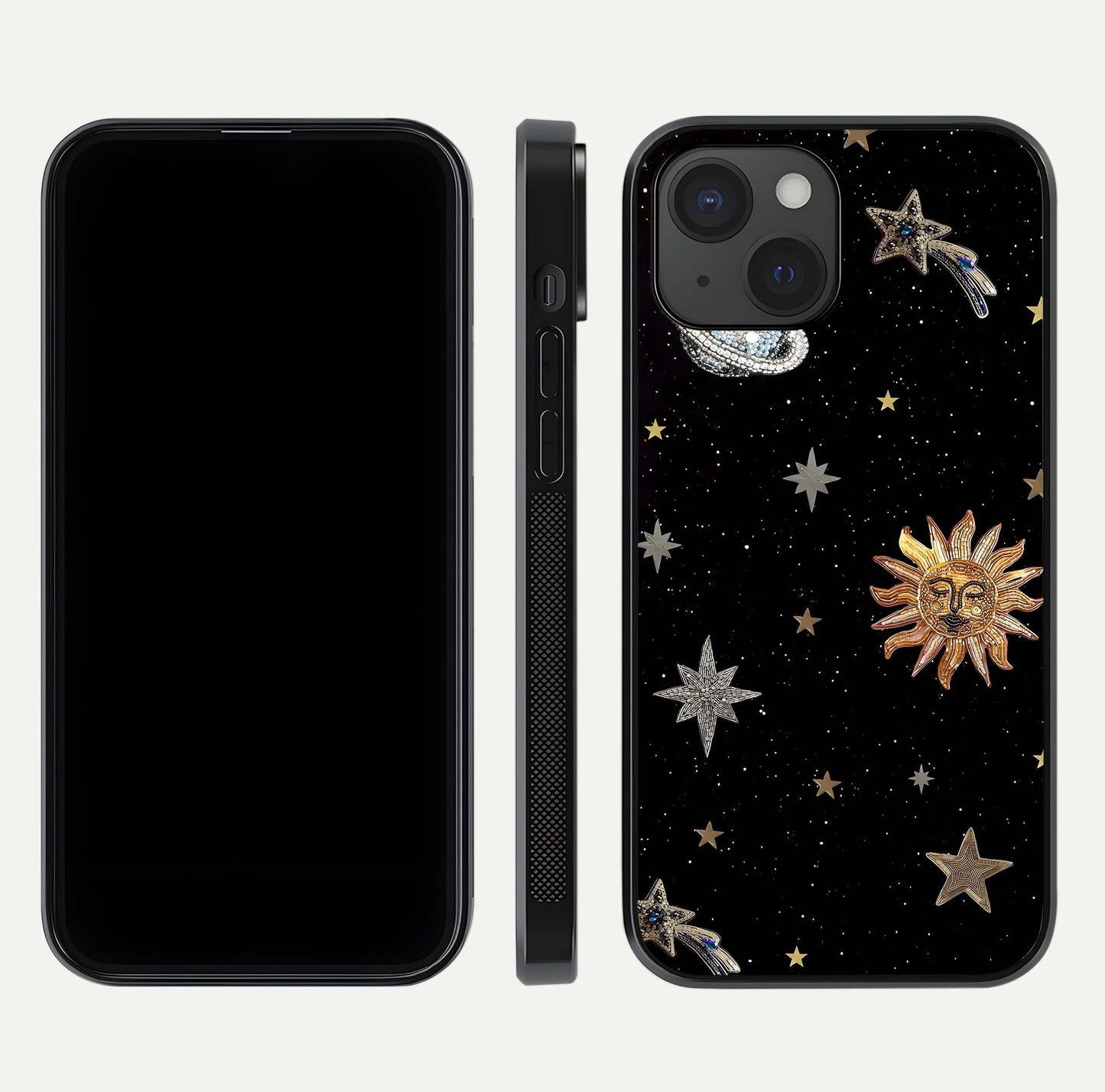 Celestial Moon With Stars Glass Case for iPhone 15 front-and-back layout displaying lunar art and premium finish