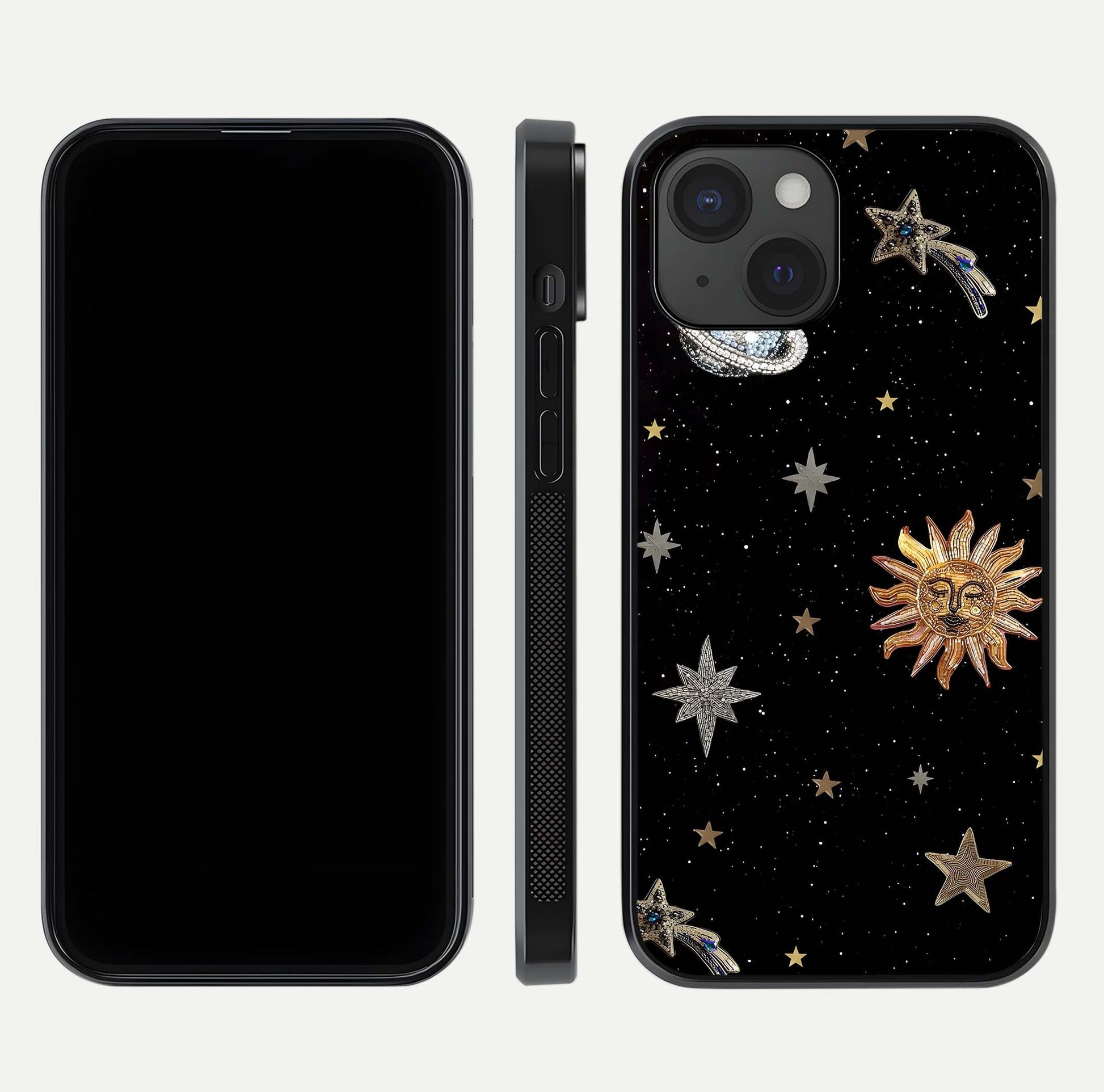 Celestial Moon With Stars Glass Case for iPhone 15 front-and-back layout displaying lunar art and premium finish