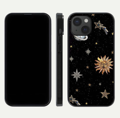 Celestial Moon With Stars Glass Case for iPhone 15 front-and-back layout displaying lunar art and premium finish