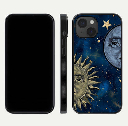 Celestial Moon With Sun Glass Case for iPhone 15 dual-view layout showing luminous pattern and curved edges