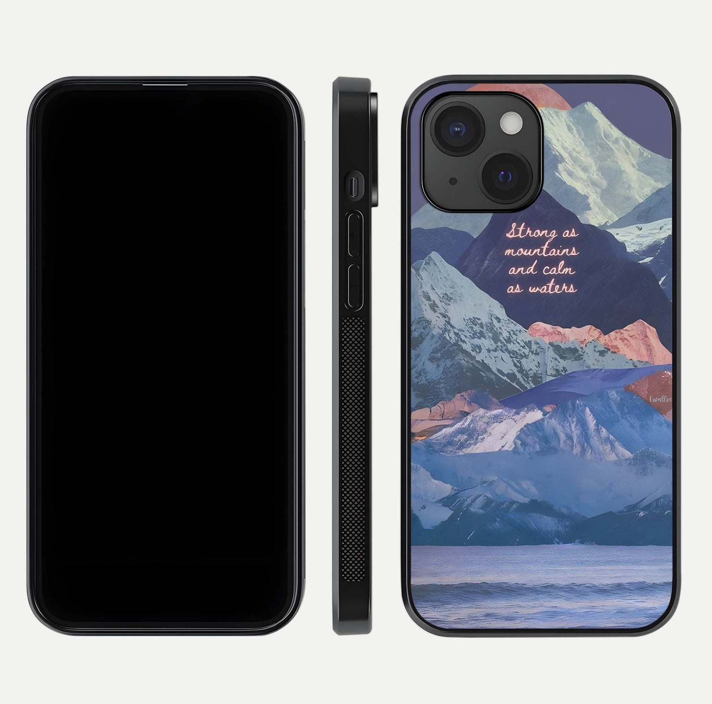 Celestial Mountain Calm Glass Case for iPhone 15 dual-view layout displaying scenic tones and curved finish